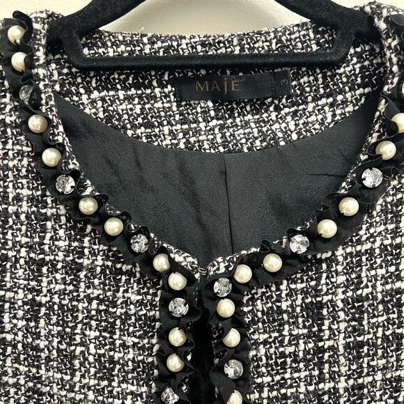 Maje Tweed Blazer Cropped Embellished Faux Pearls and Rhinestones XS - Picture 11 of 11